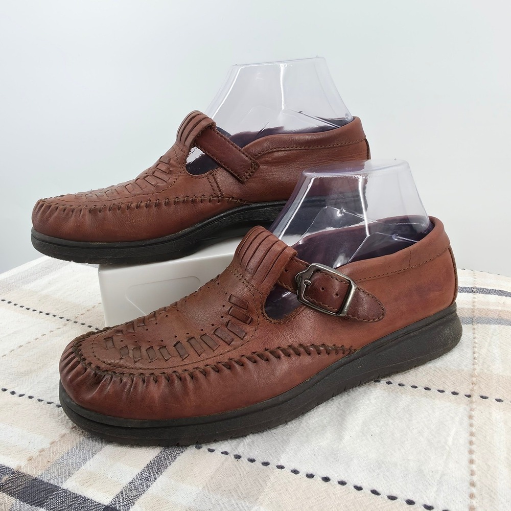 Dr Scholls Dakota 9 Brown Leather T-Strap Woven Kiltie Loafers Shoes Womens 8.5